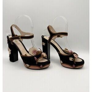 Prada Black Suede Platform Sandals w/ Pink Floral Cutout Accents Sz EU 36.5